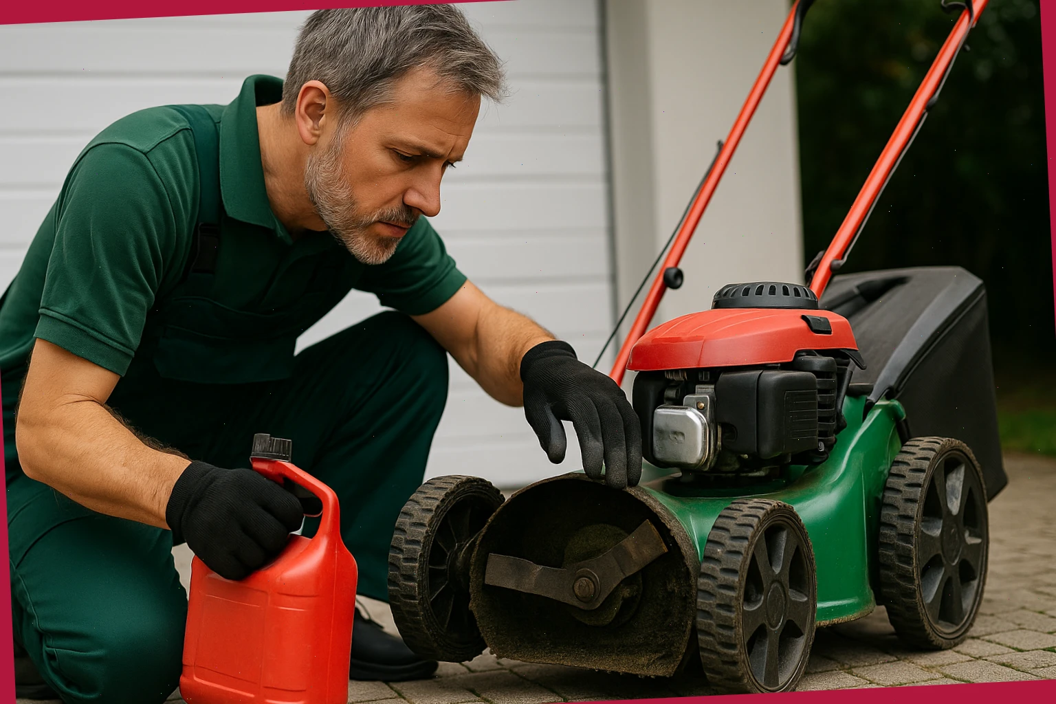 Gardener checking mower blades and fuel before a lawn visit