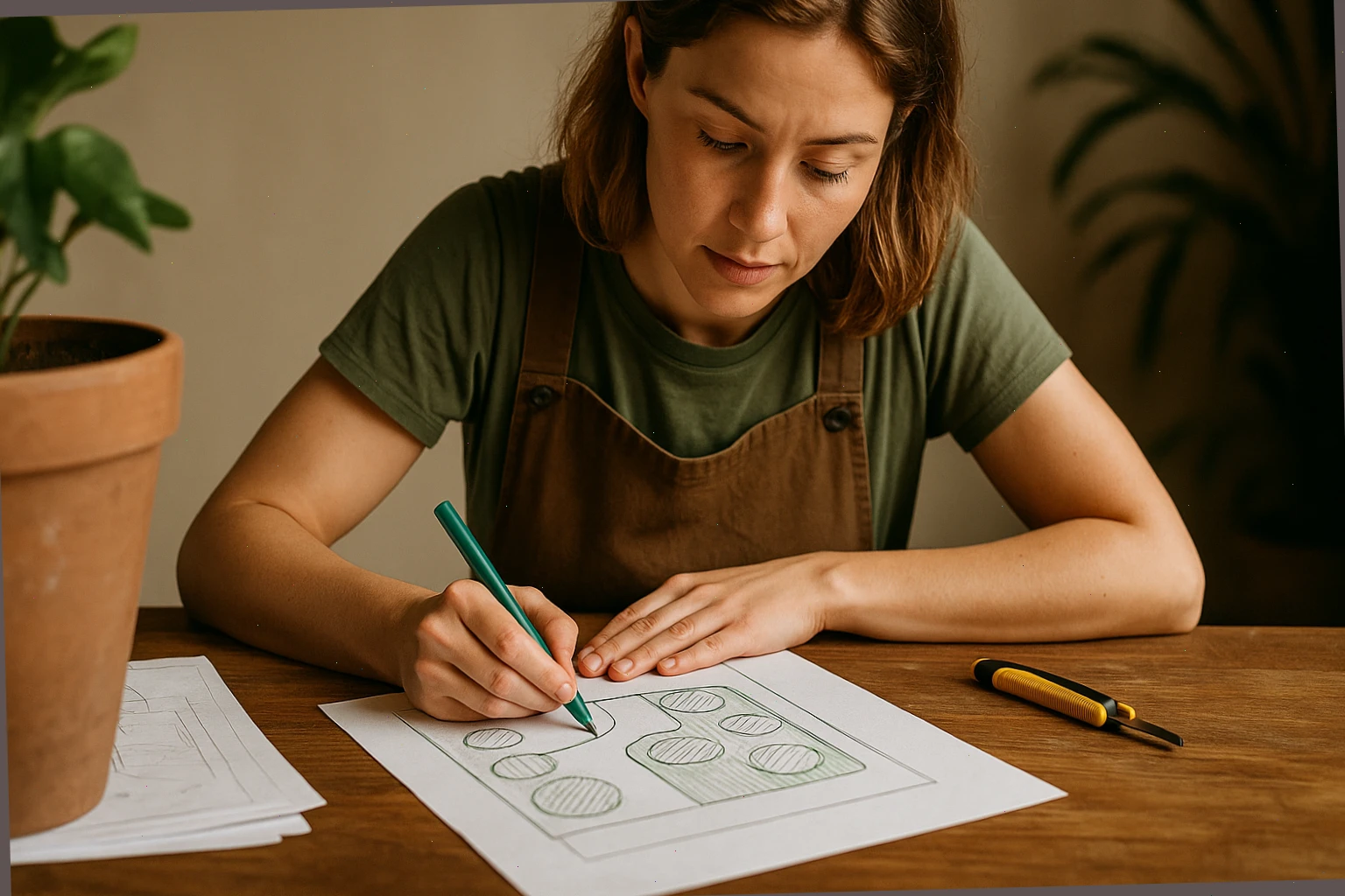 Horticulture coordinator marking pruning zones on a simple site sketch