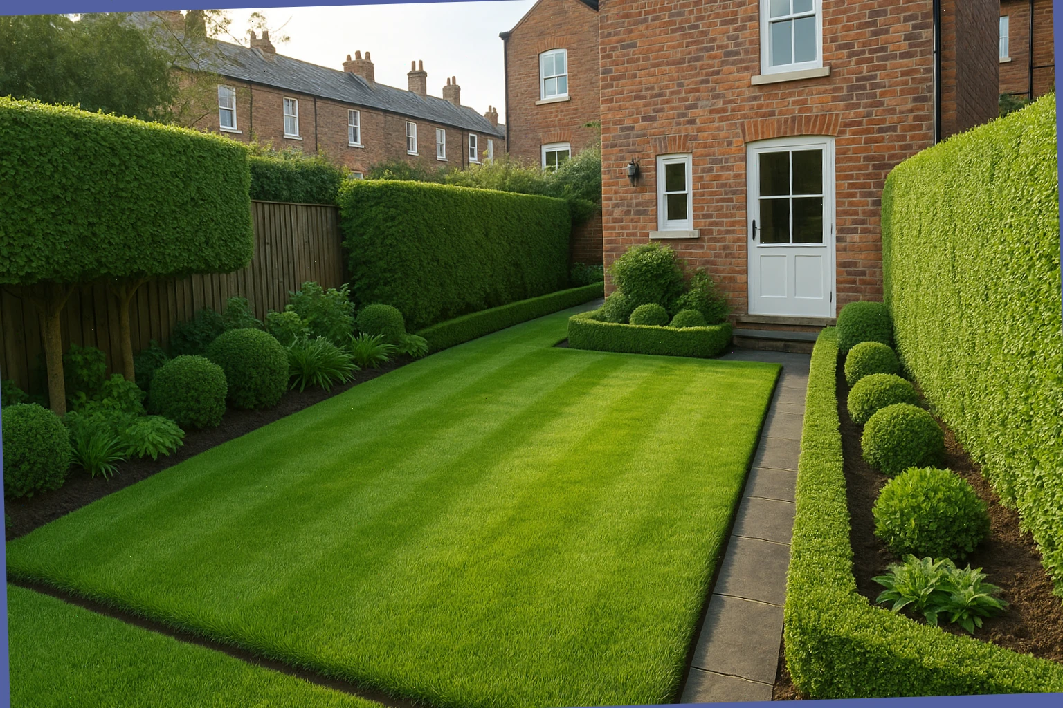 Freshly edged lawn and trimmed hedges at a small York terrace garden