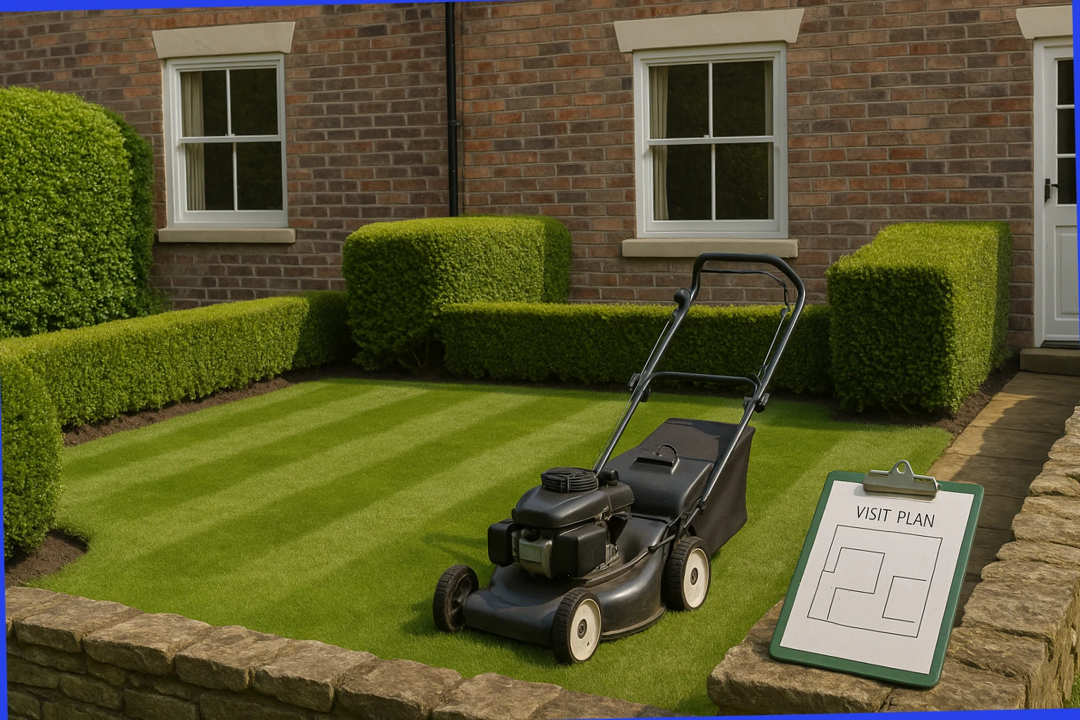 Compact mower near a York townhouse lawn with a simple visit plan on a clipboard