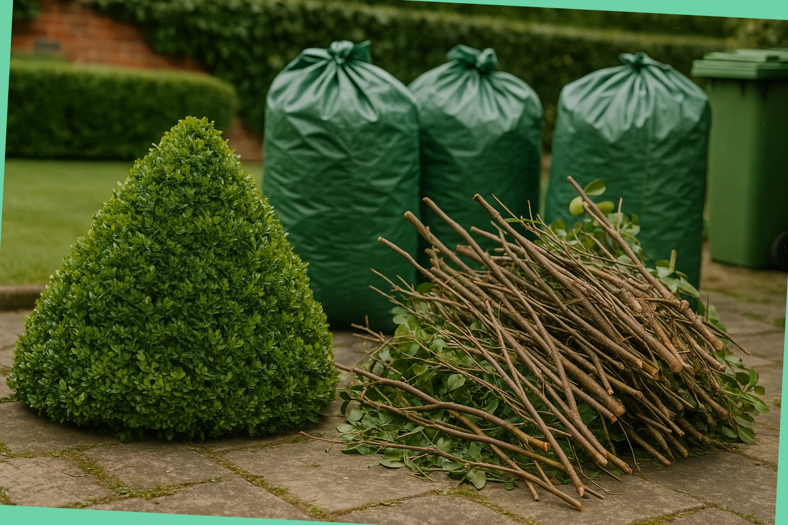 Neatly stacked trimmings, pruned branches and bags ready for green-waste collection